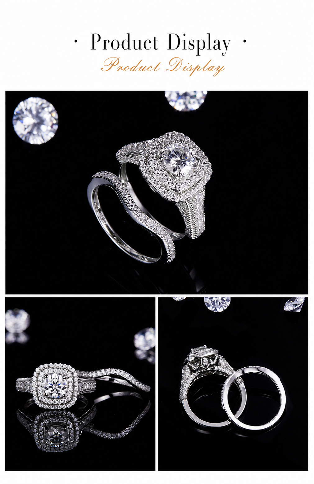 方包女戒S925银镀18k白金主副套戒叠戴定制主石莫桑钻1.0ct/副石高碳钻 - 3